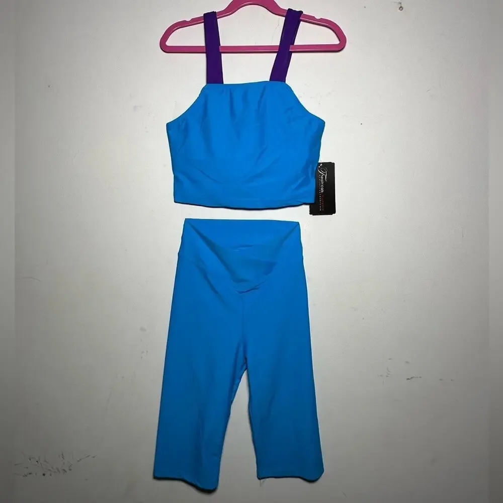 SET Theatricals dance 2 piece Purple blue Dancewear Crop Top Biker Shorts XS NWT